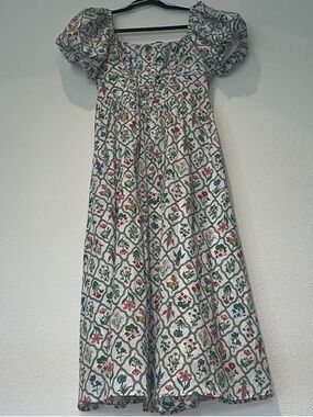 Moon River White Floral Smocked Maxi Dress with Green, Red & Blue Accents